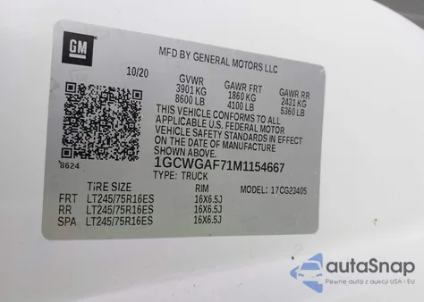 2021 Chevrolet Express Cargo Rwd 2500 Regular Wheelbase Wt из США, поврежденный, VIN 1GCWGAF71M1154667